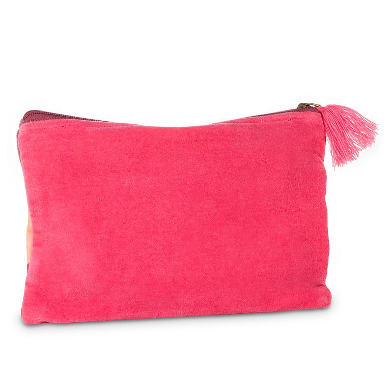 Pochette en velours rayé à pompon rose