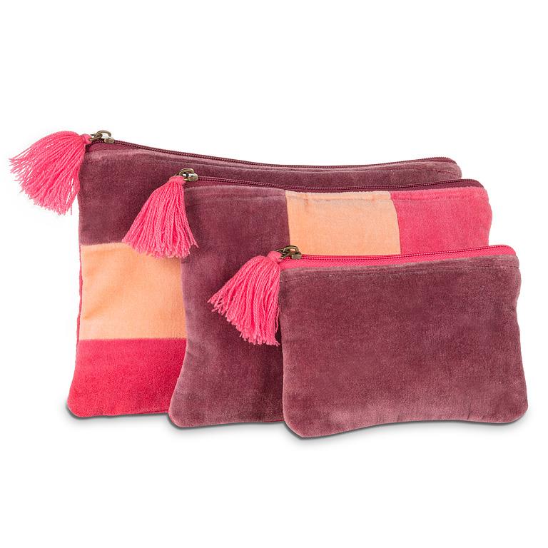 Pochette en velours rayé à pompon rose