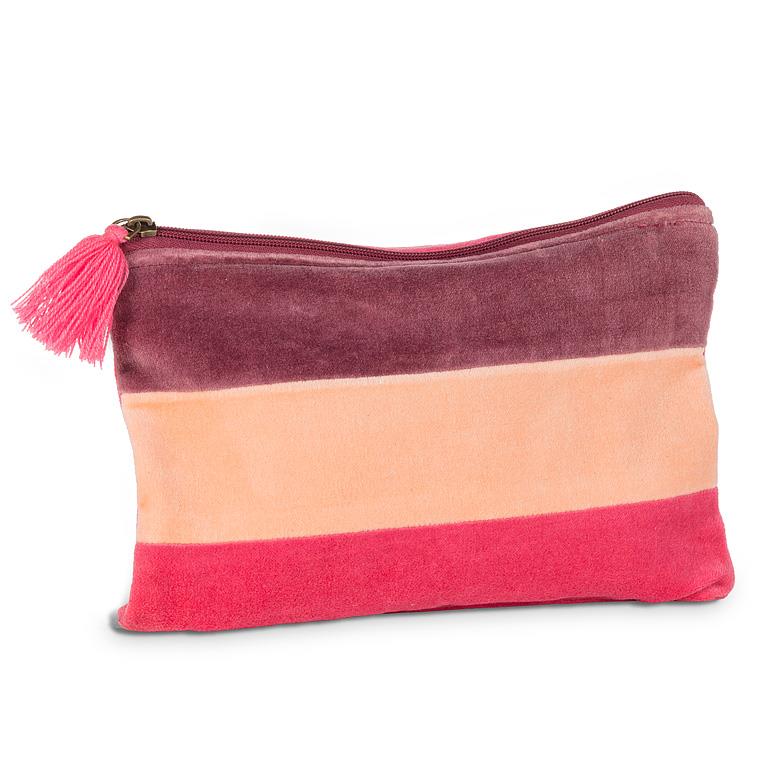 Pochette en velours rayé à pompon rose