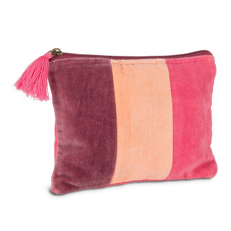 Pochette en velours rayé à pompon rose