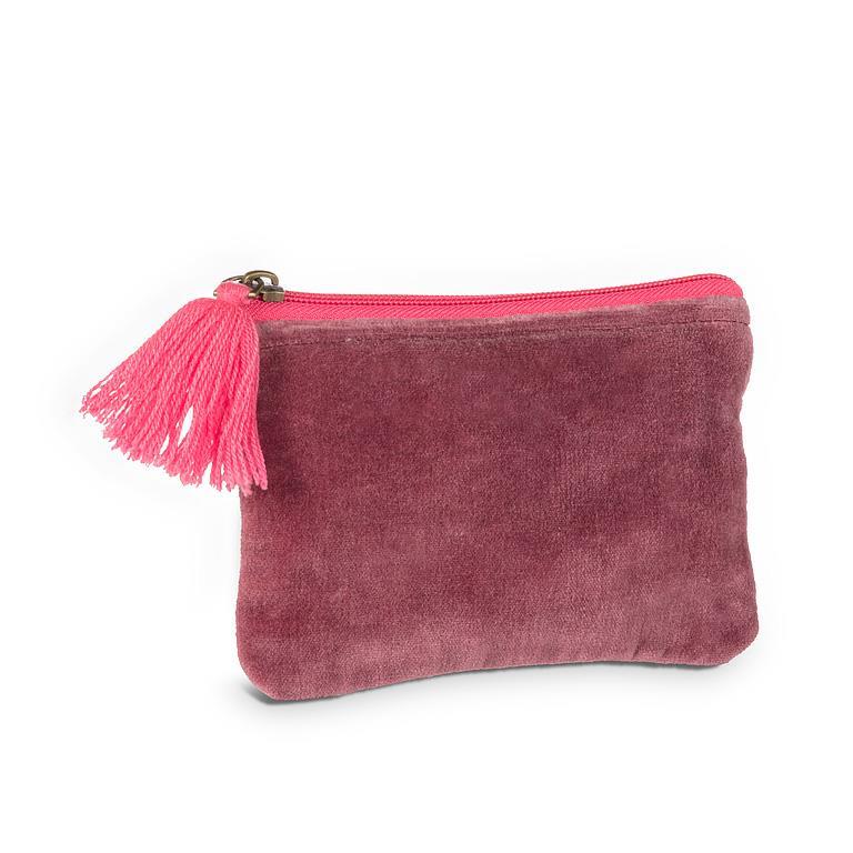 Pochette en velours rayé à pompon rose