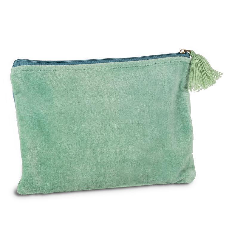 Pochette en velours rayé à pompon aqua