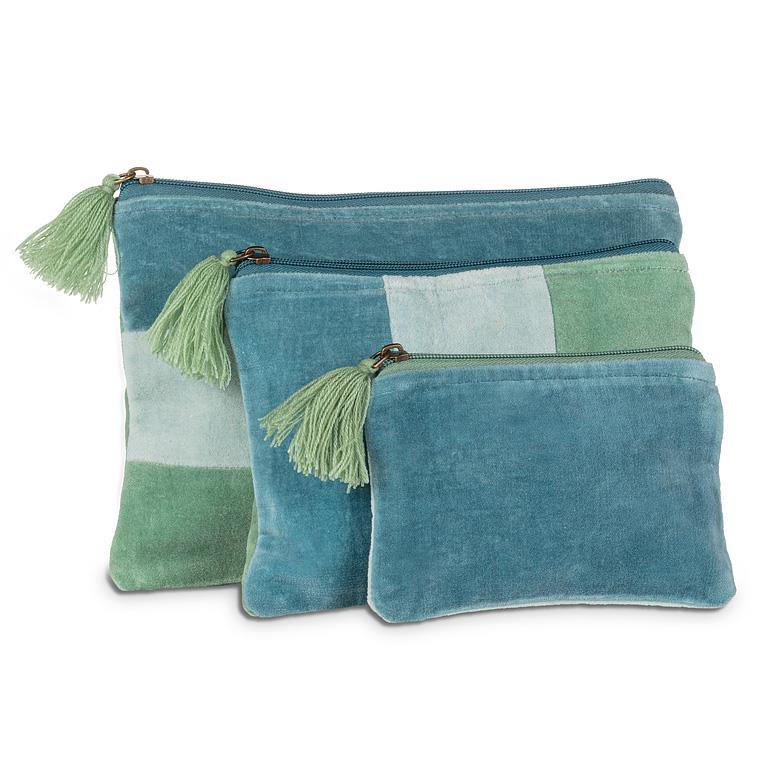 Pochette en velours rayé à pompon aqua