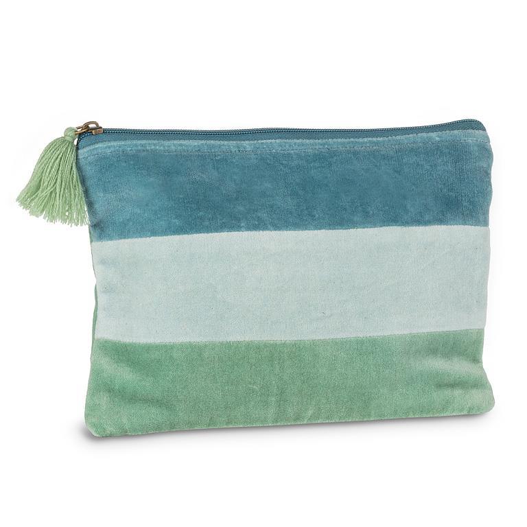 Pochette en velours rayé à pompon aqua