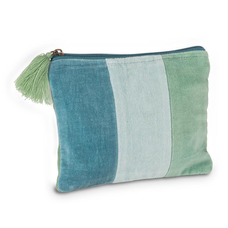 Pochette en velours rayé à pompon aqua