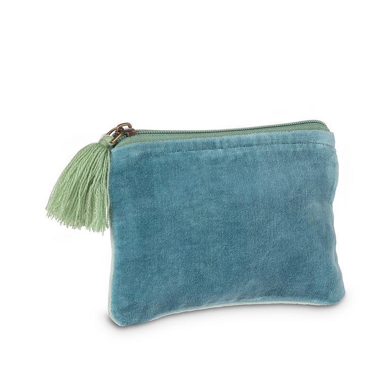 Pochette en velours rayé à pompon aqua