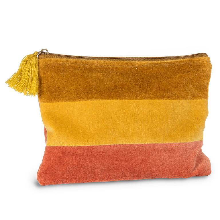 Pochette en velours rayé à pompon Ocre