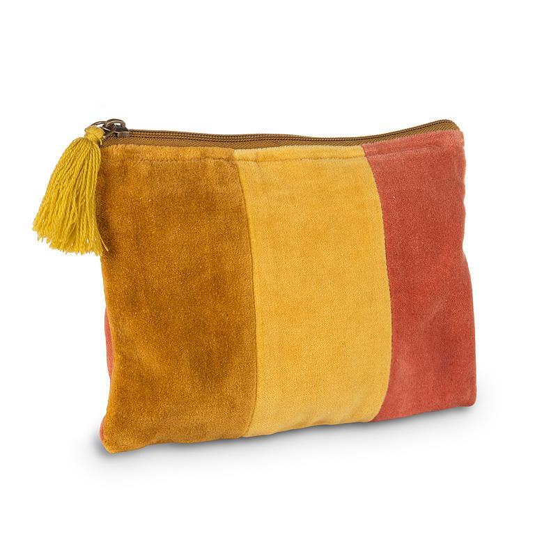 Pochette en velours rayé à pompon Ocre
