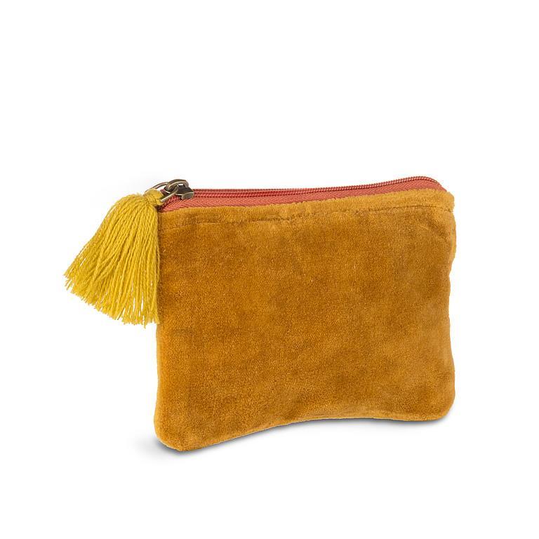 Pochette en velours rayé à pompon Ocre