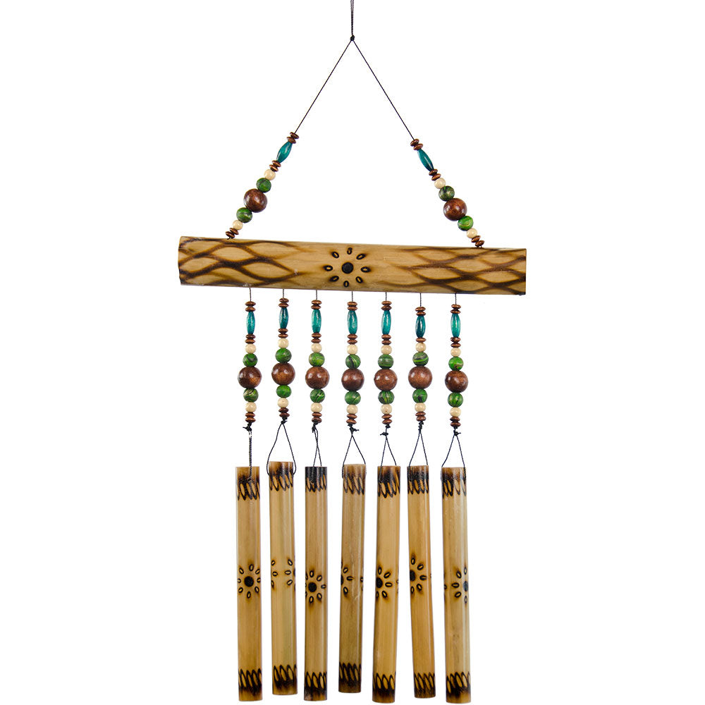 Carillon en bambou brulé et rangée de billes colorées